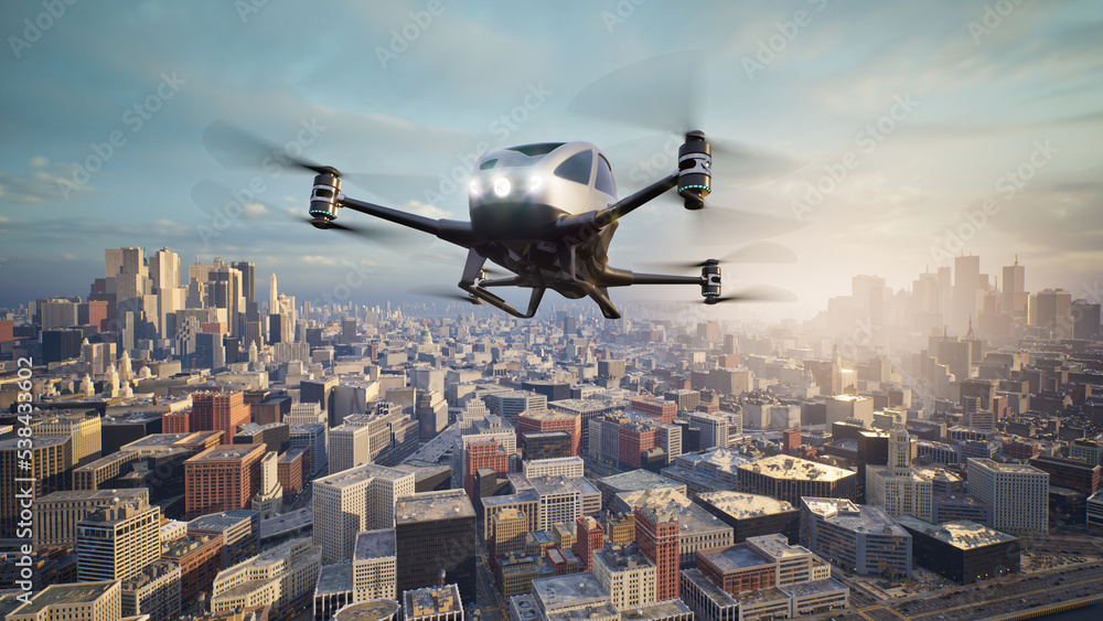 Autonomous driverless aerial vehicle fly across city, 3d render