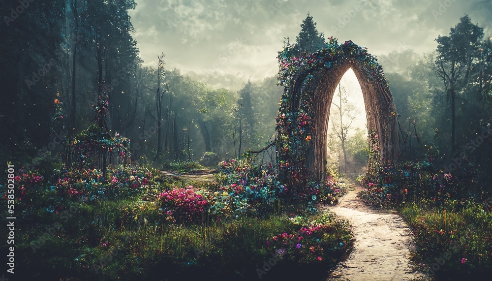 Spectacular archway covered with vine in the middle of fantasy fairy tale forest landscape, misty on