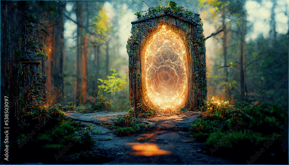 Spectacular fantasy scene with a portal archway covered in creepers. In the fantasy world, ancient m