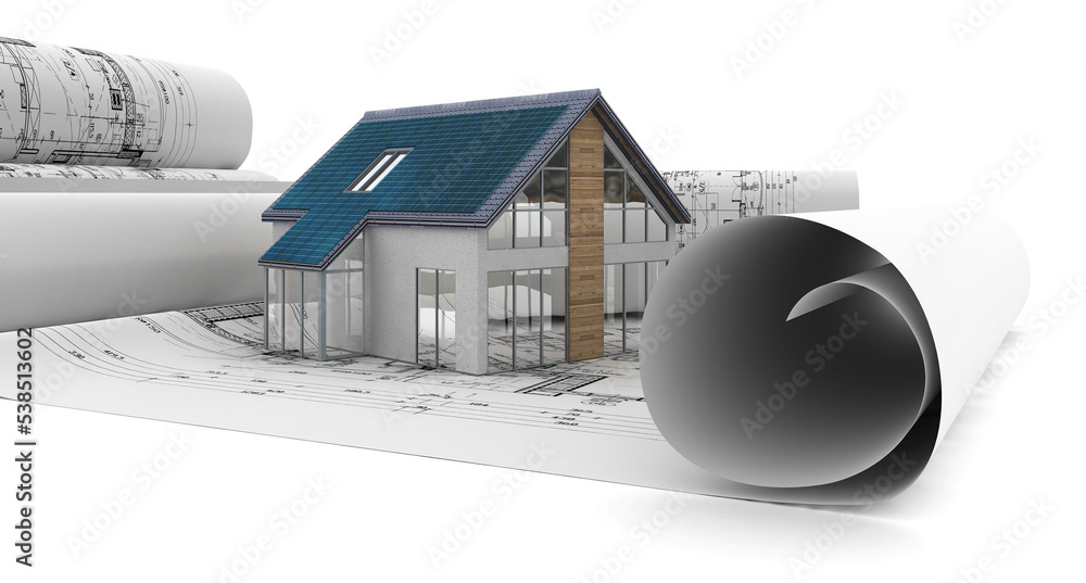 Bauplanung an einem Einfamilienhaus mit Schrägdach augelegt mit Solarmodulen - 3D Visualisierung