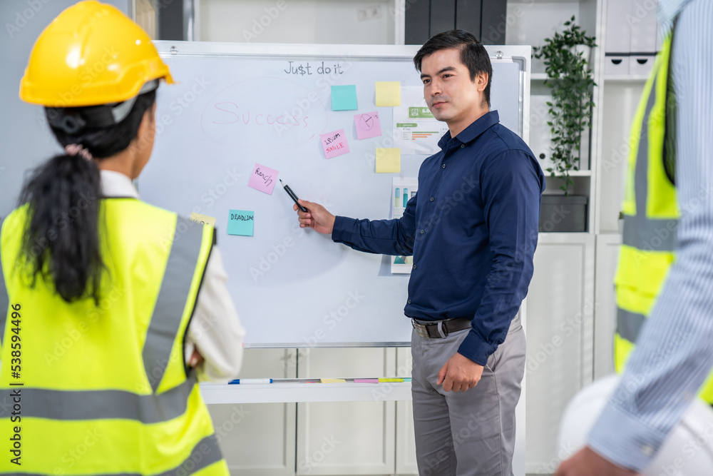 A team of investor and competent engineers brainstorming on the whiteboard to find new ideas and mak