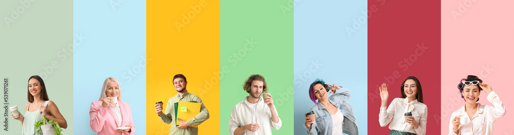 Group of different people with cups of coffee on color background