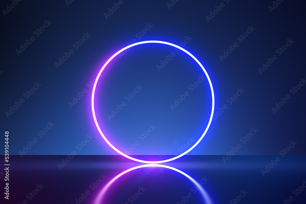 Neon bright colors illuminated round frame with place for your logo or text on blank dark blue wall 