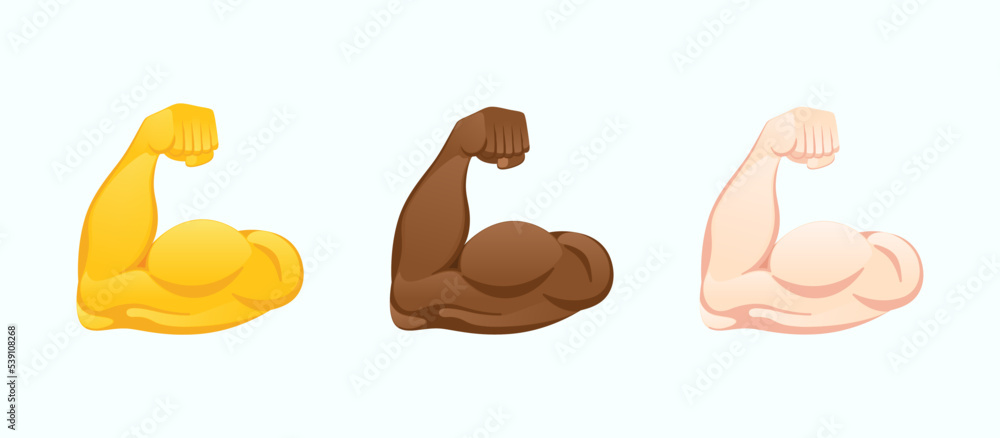 Flexed biceps icons. Strong muscle hands of various skin tones gesture emoji vector illustration. 