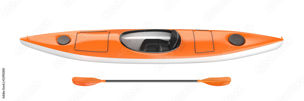 Orange plastic kayak with paddle on transparent background