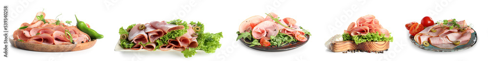 Set of of tasty ham with vegetables isolated on white