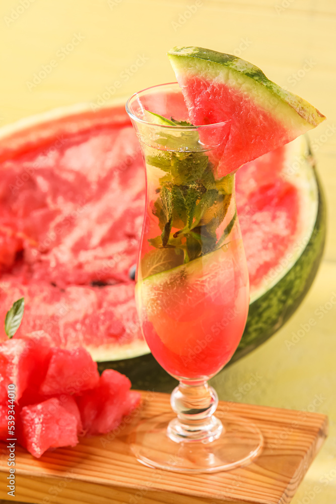 Glass with cold watermelon fresh on table, closeup