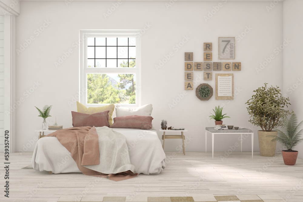 White bedroom interior. Scandinavian design. 3D illustration