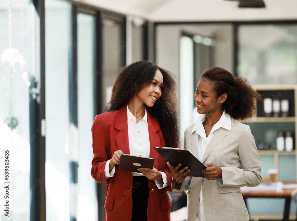 two women discussing business plans in the office