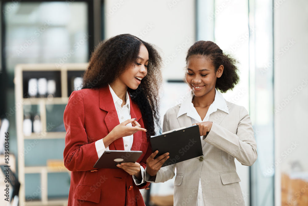 two women discussing business plans in the office