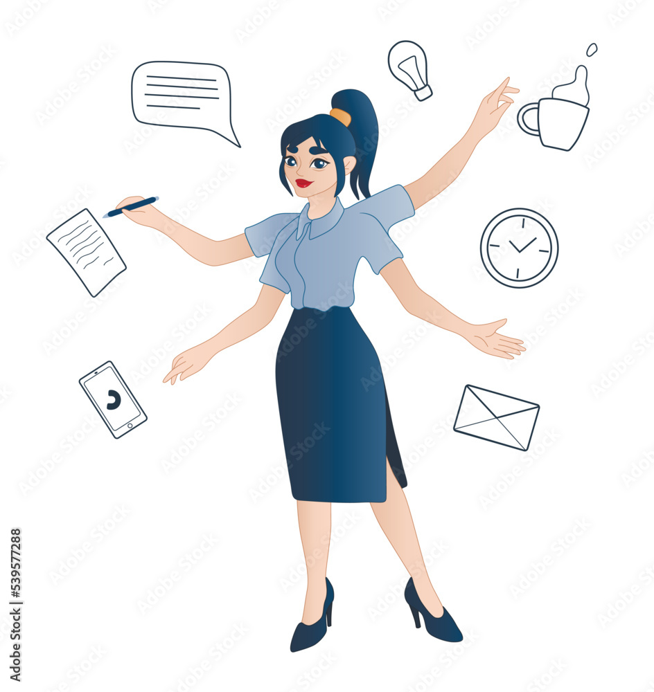 Female secretary with lot of work on white background