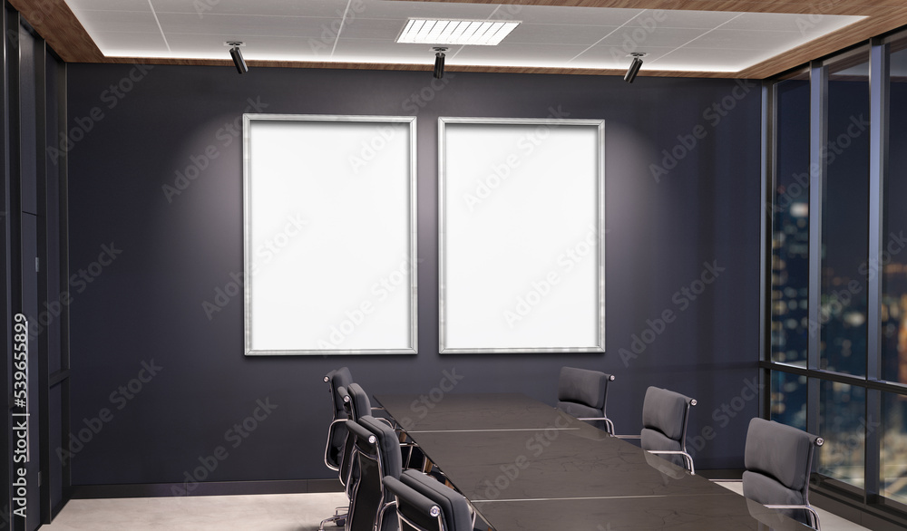 Two vertical frames Mockup hanging in office meeting room. Mock up of billboards in modern company i