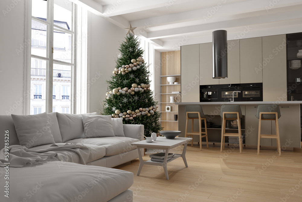 New year tree in scandinavian style interior with christmas decoration and fireplace