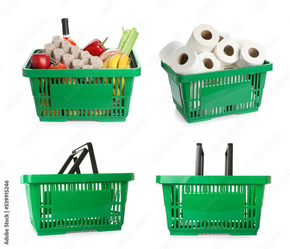 Set of shopping baskets on white background