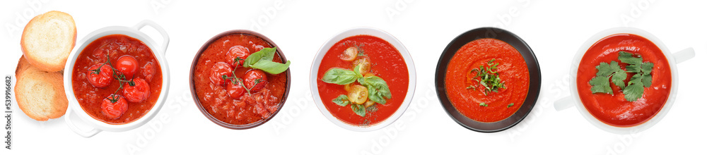 Collection of tasty cream soup on white background, top view