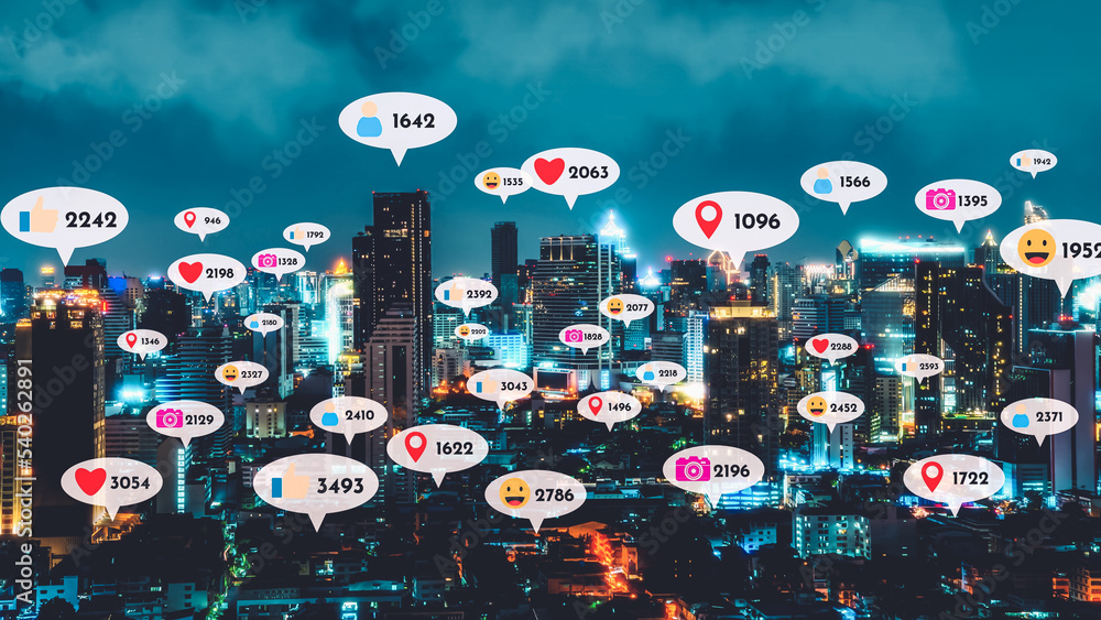 Social media icons fly over city downtown showing people reciprocity connection through social netwo