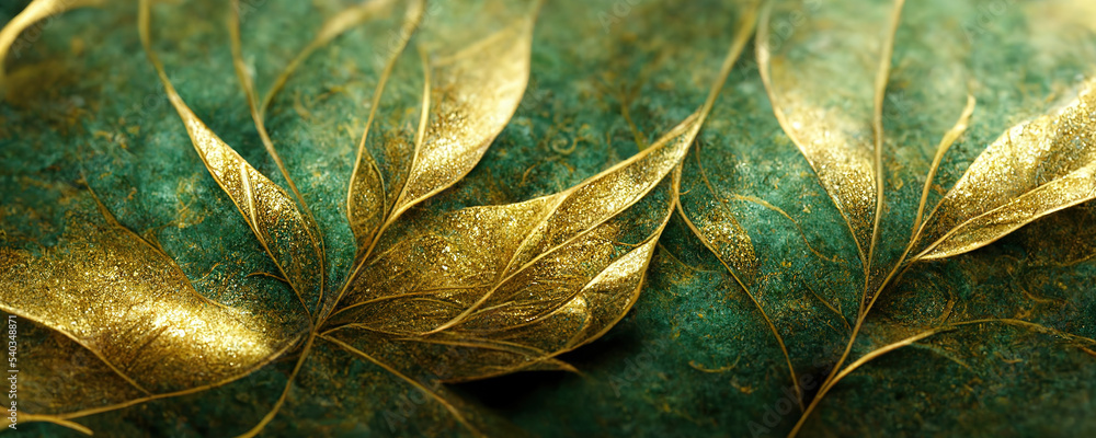 Spectacular realistic detailed veins and half green and gold abstract close-up, leaf covered with go