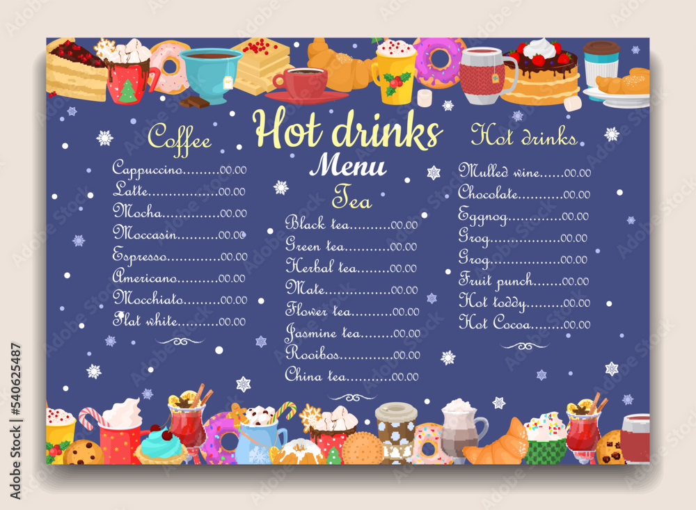 Hot drinks winter menu vector design template