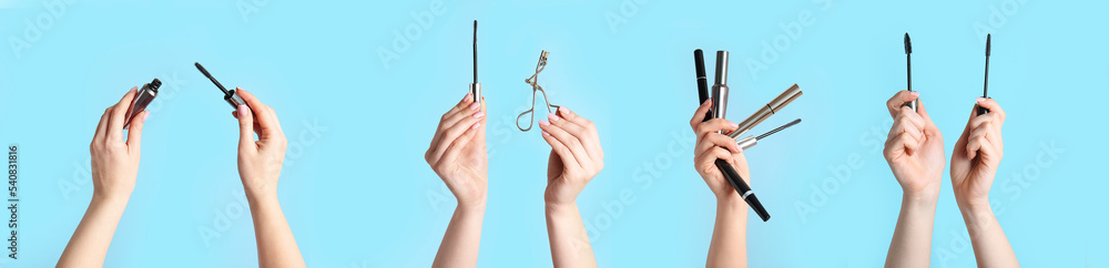 Collage of mascara with brushes and eyelash curler in female hands on blue background