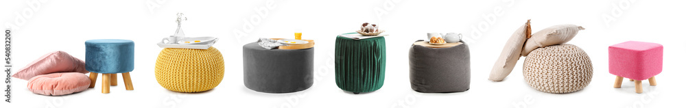 Collection of stylish ottomans on white background