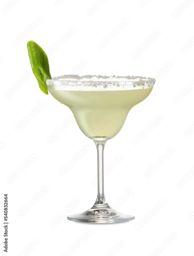 Glass of tasty margarita cocktail on white background