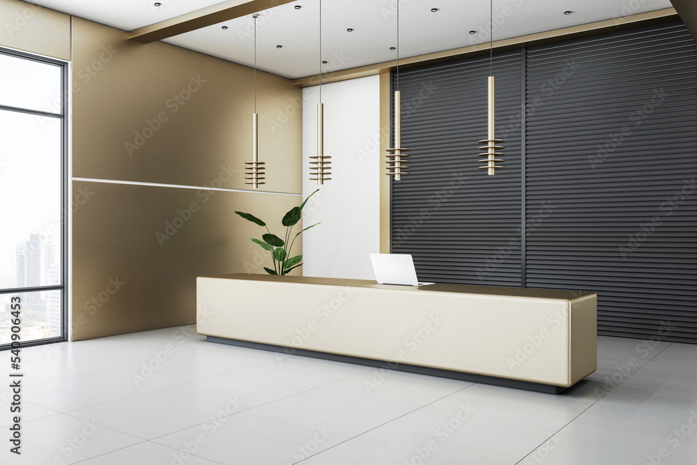 Perspective view on modern spacious reception area with beige desk, golden lights from top and city 