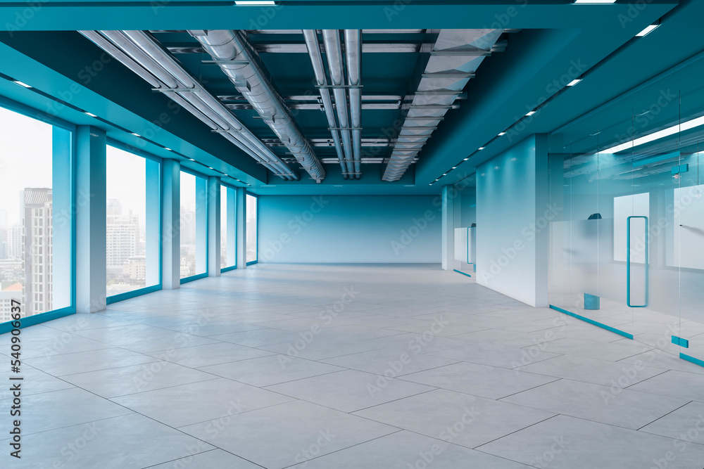 Modern blue office hall interior with windows and city view, blurry matte windows. Law and legal, co