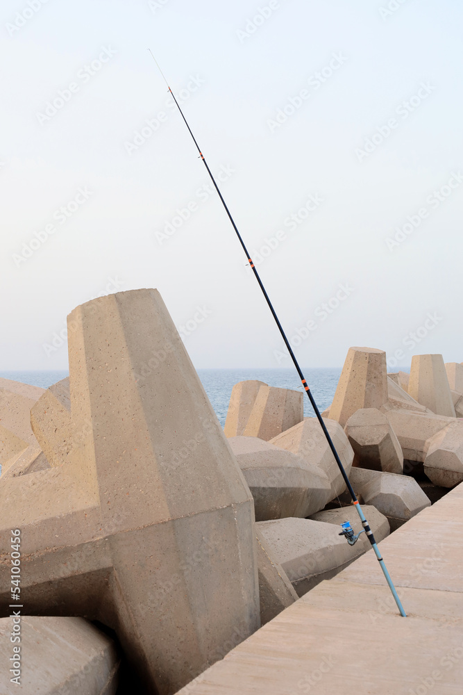 Fishing rod near sea on summer day