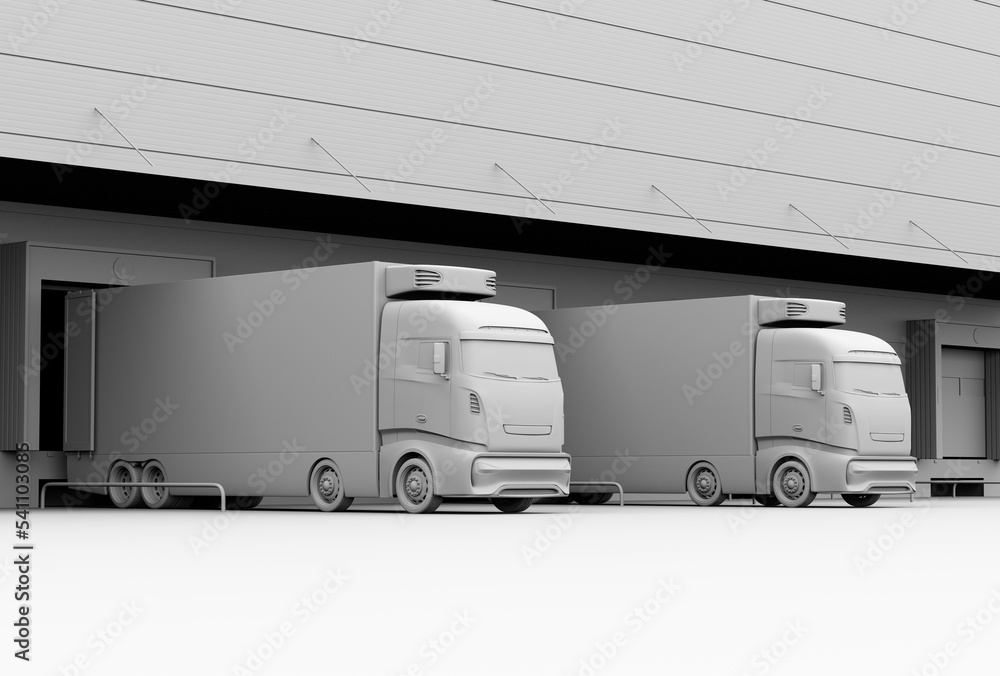 Clay rendering of electric trucks with reefer container and single container trailer parking in logi