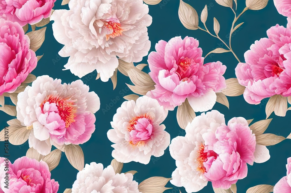 Seamless spring pattern with a bouquet of peonies. Vintage wallpaper with flowers in pastel colors