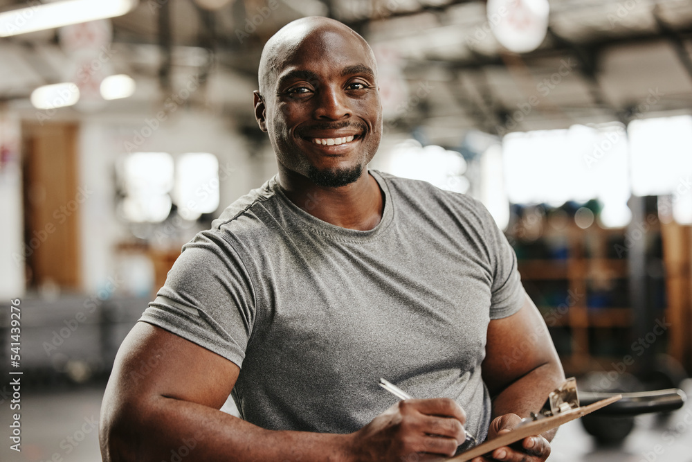 Gym, documents or black man writing on clipboard for membership, sign up or checklist for sport heal