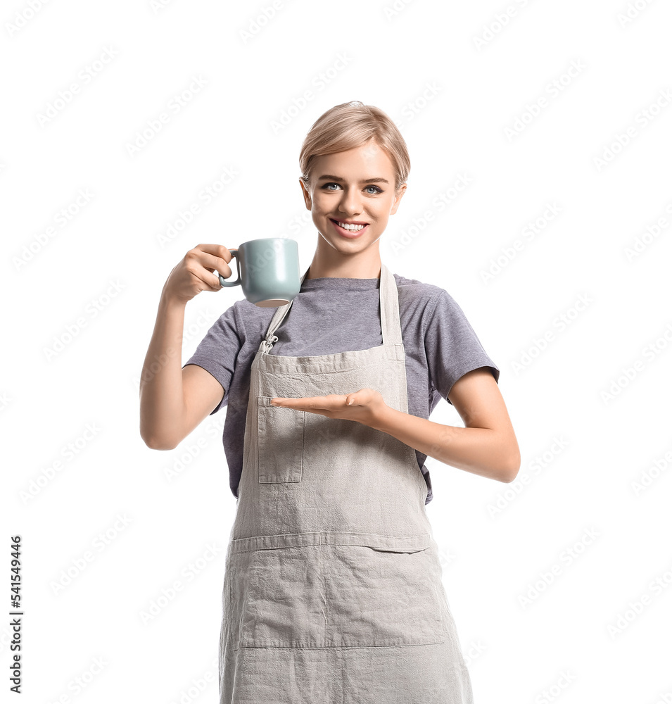 Female barista with cup of coffee on white background