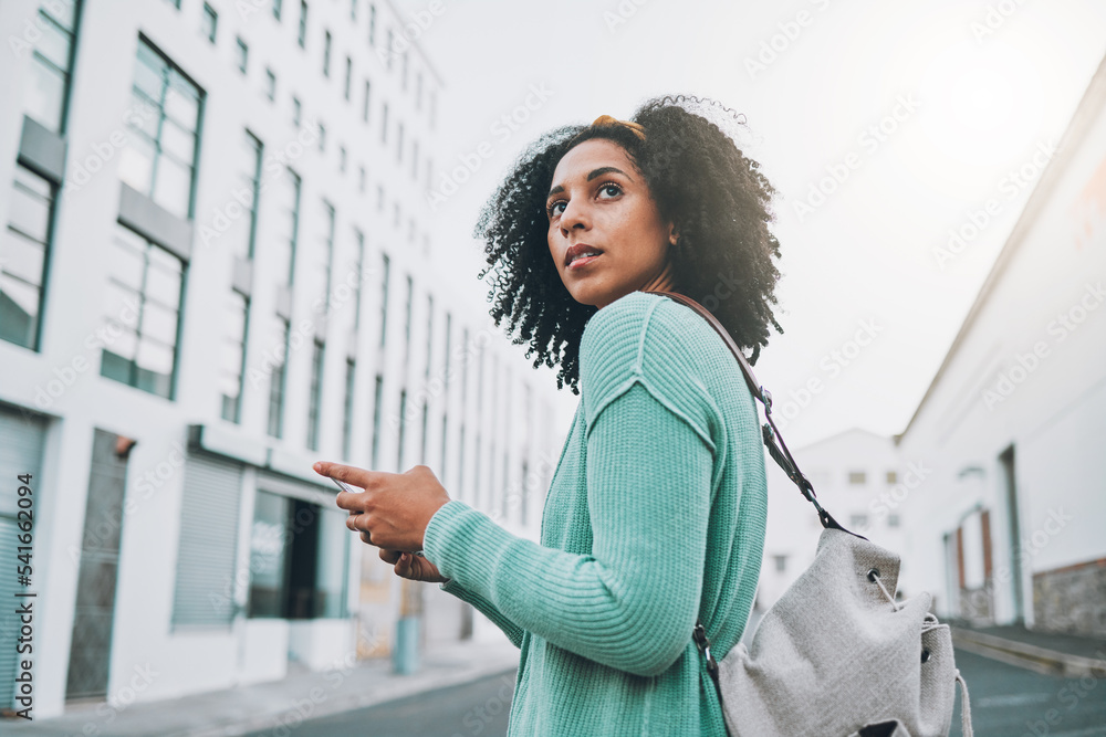 Smartphone, city and black woman student walking to campus, university or college and location searc