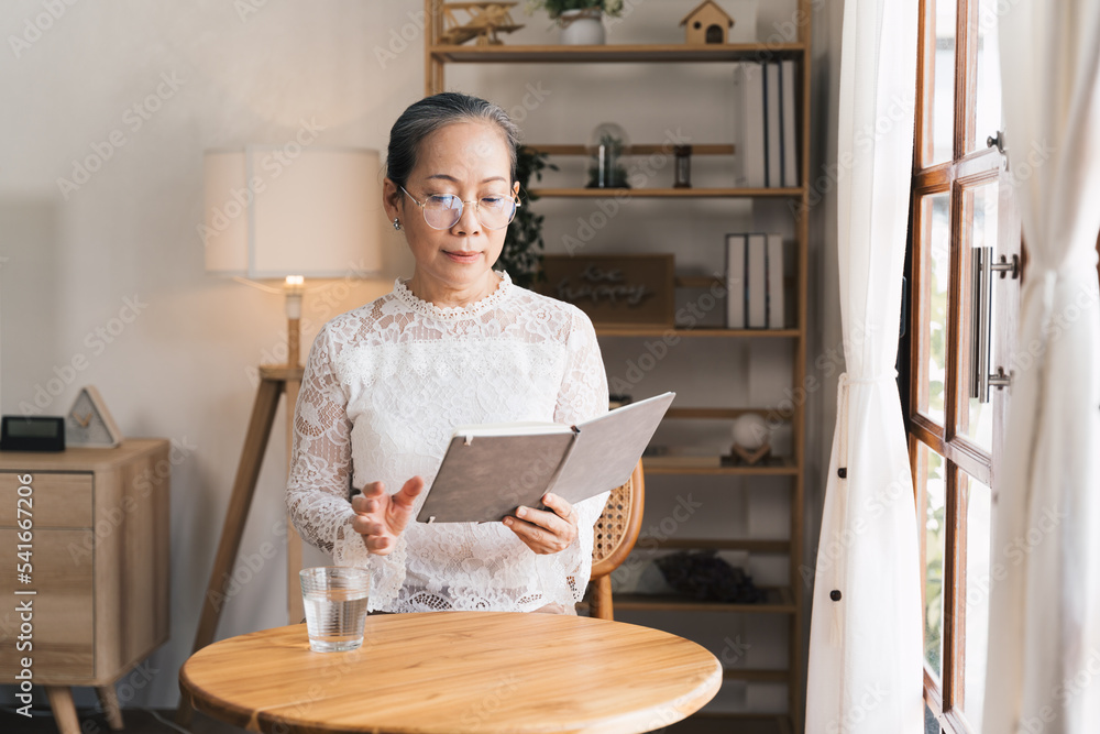 年龄、休闲和人的概念——快乐微笑的老年女性在家读书