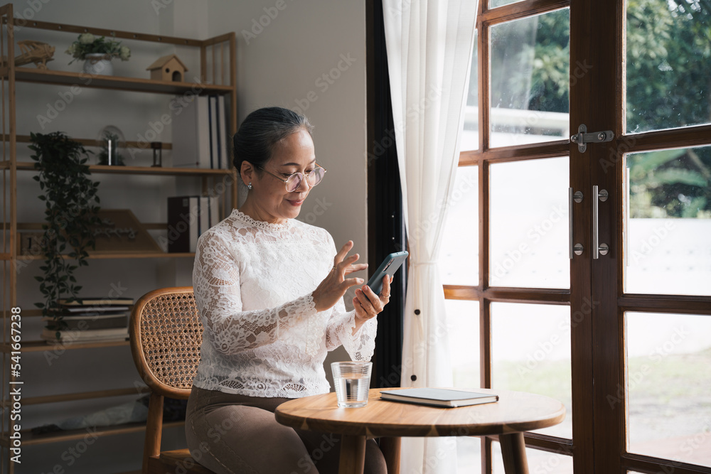 年龄、休闲和人的概念——快乐微笑的老年女性在家看书