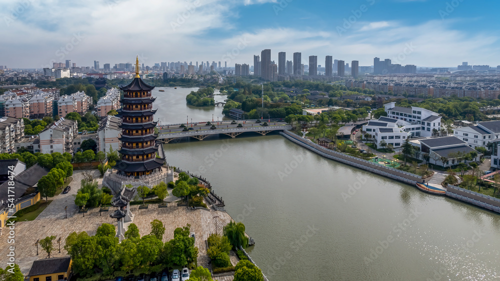 航拍中国台州城市建筑天际线