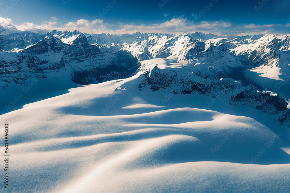 无人机拍摄的雪山鸟瞰图，展示冬季山脉壮观的高山景观