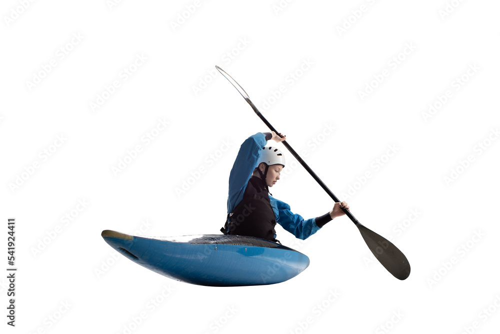 Woman in a kayak isolated on white