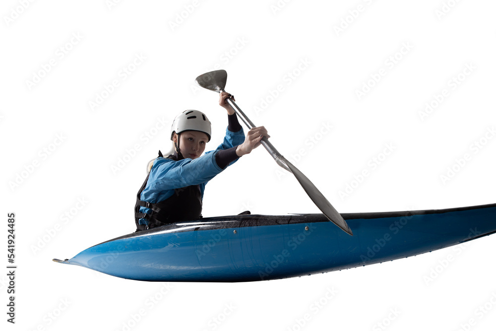 Woman in a kayak isolated on white