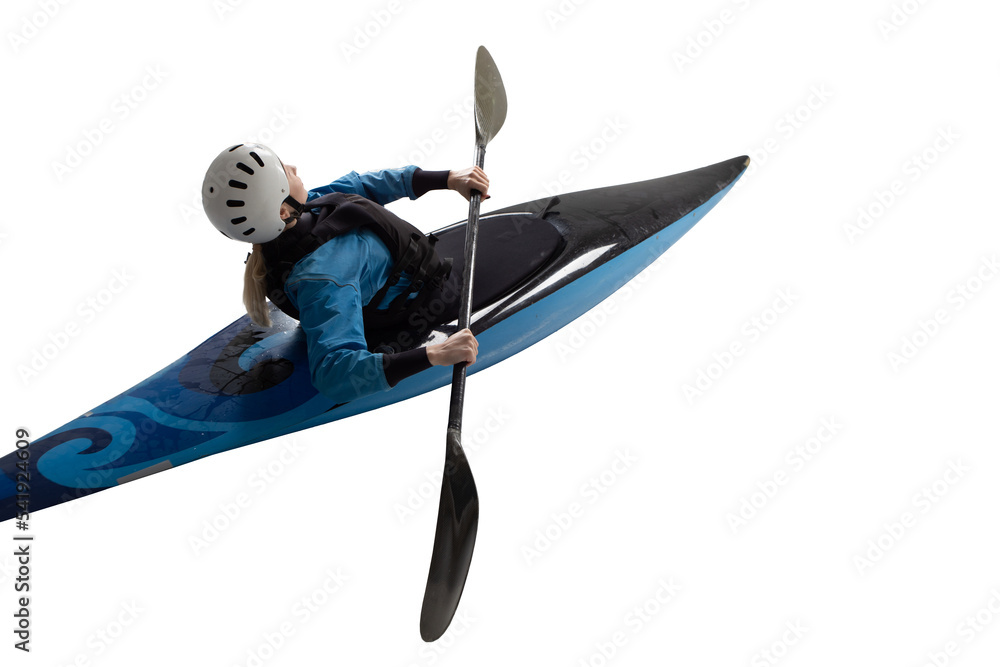 Woman in a kayak isolated on white