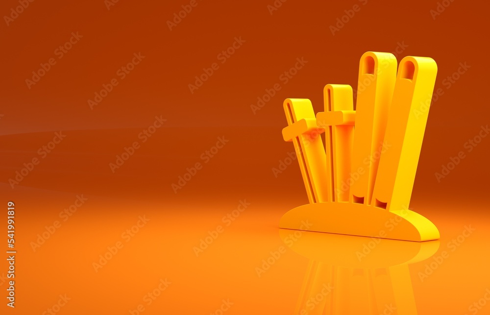 Yellow Ski and sticks icon isolated on orange background. Extreme sport. Skiing equipment. Winter sp