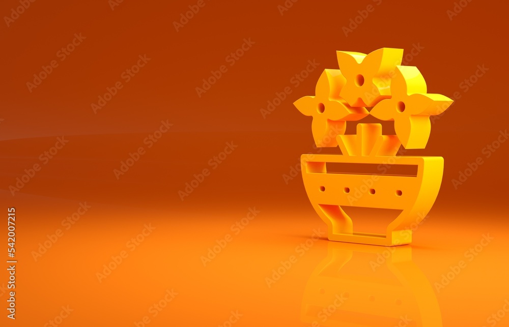 Yellow Flower in vase icon isolated on orange background. Minimalism concept. 3d illustration 3D ren