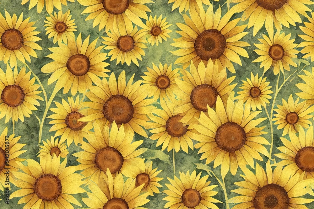 Watercolor rustic seamless pattern, farmhouse sunflower wildflowers, meadow flowers texture. Vintage