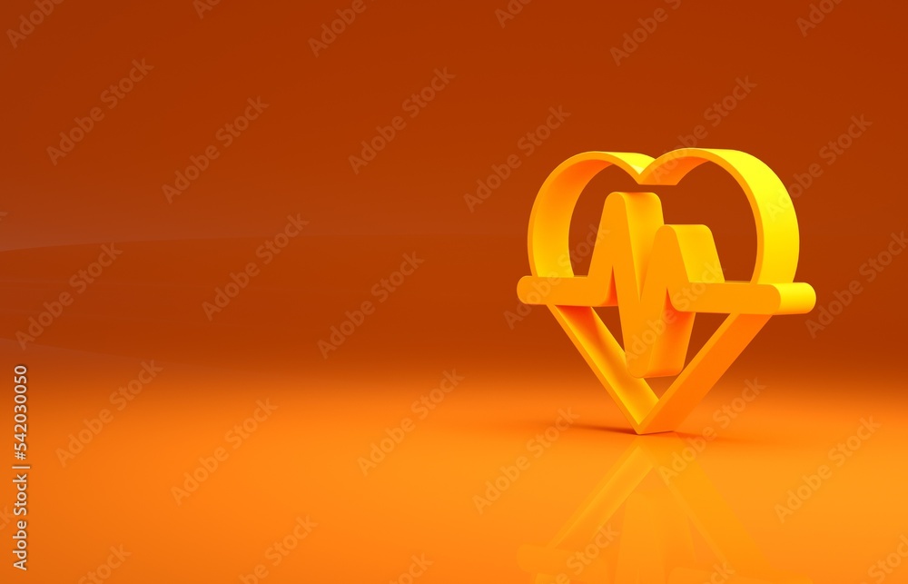 Yellow Heart rate icon isolated on orange background. Heartbeat sign. Heart pulse icon. Cardiogram i