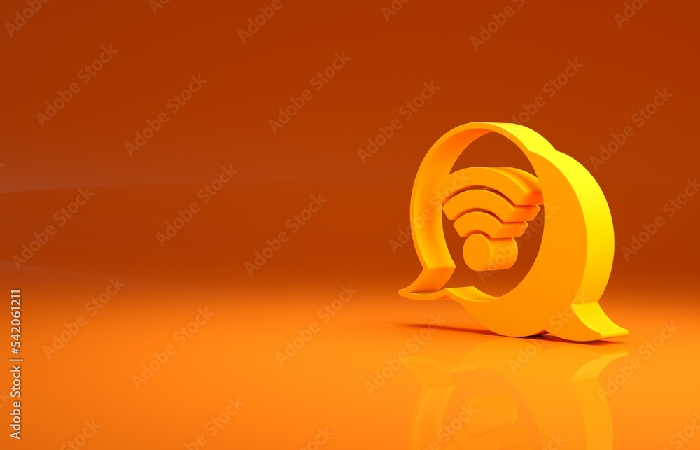 Yellow Wi-Fi wireless internet network symbol icon isolated on orange background. Minimalism concept