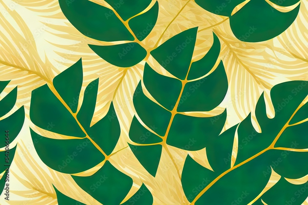 Luxury gold nature background 2d illustrated. Floral pattern, Golden split leaf Philodendron plant w