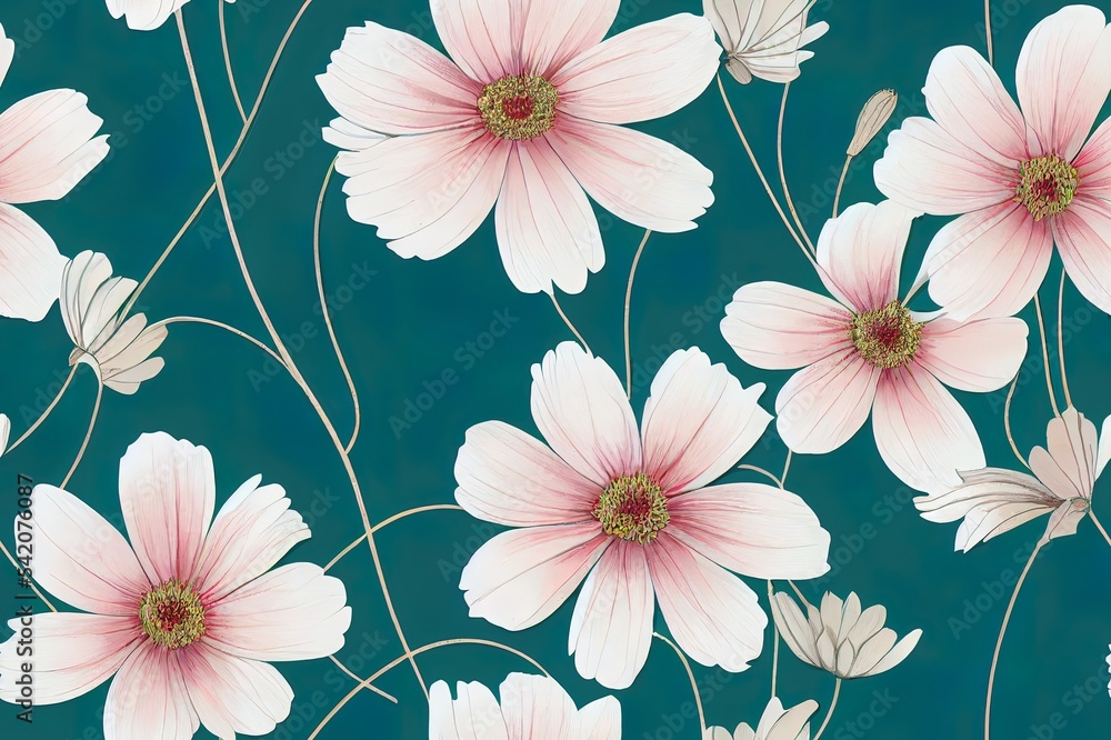 Floral seamless pattern, white and pink cosmos flowers with green leaves on grey