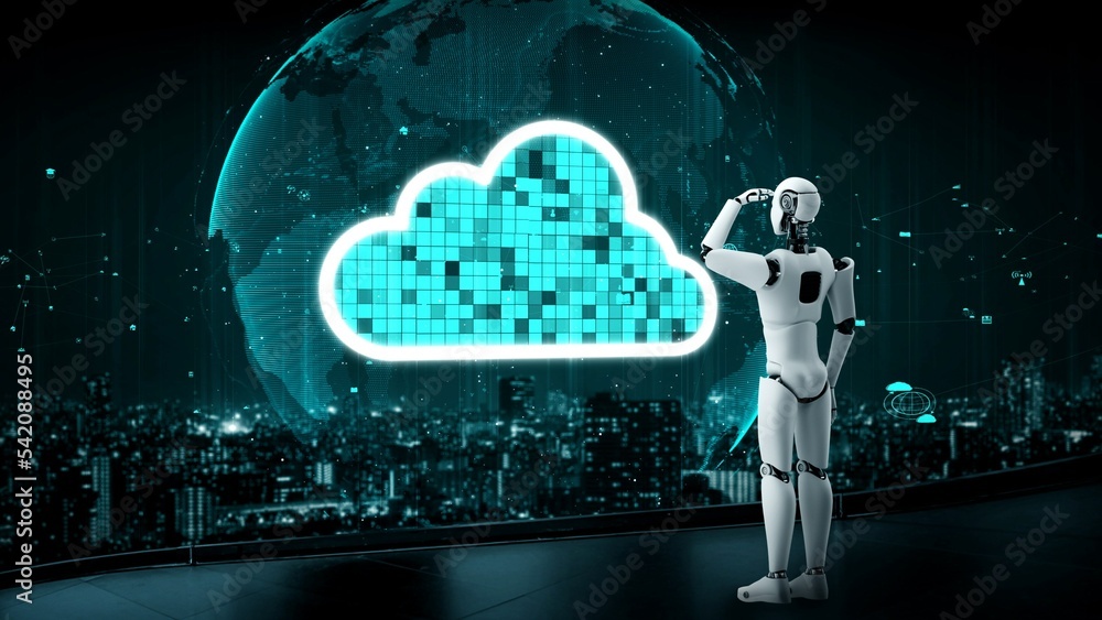 AI robot huminoid uses cloud computing technology to store data on online server . Futuristic concep