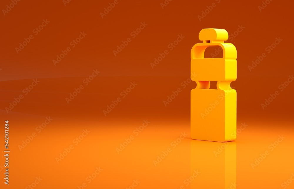 Yellow Fitness shaker icon isolated on orange background. Sports shaker bottle with lid for water an