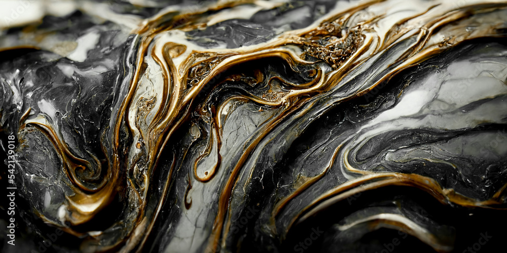 Spectacular macro image of black and golden liquid ink churning together, with a realistic texture a